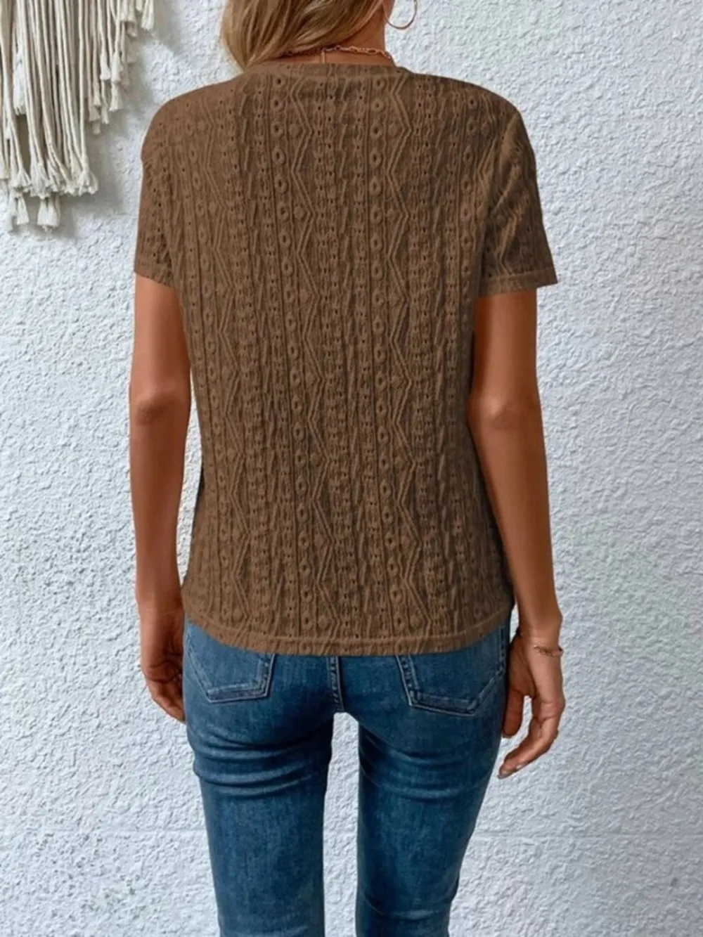 Eyelet Round Neck Short Sleeve T-Shirt, image 11