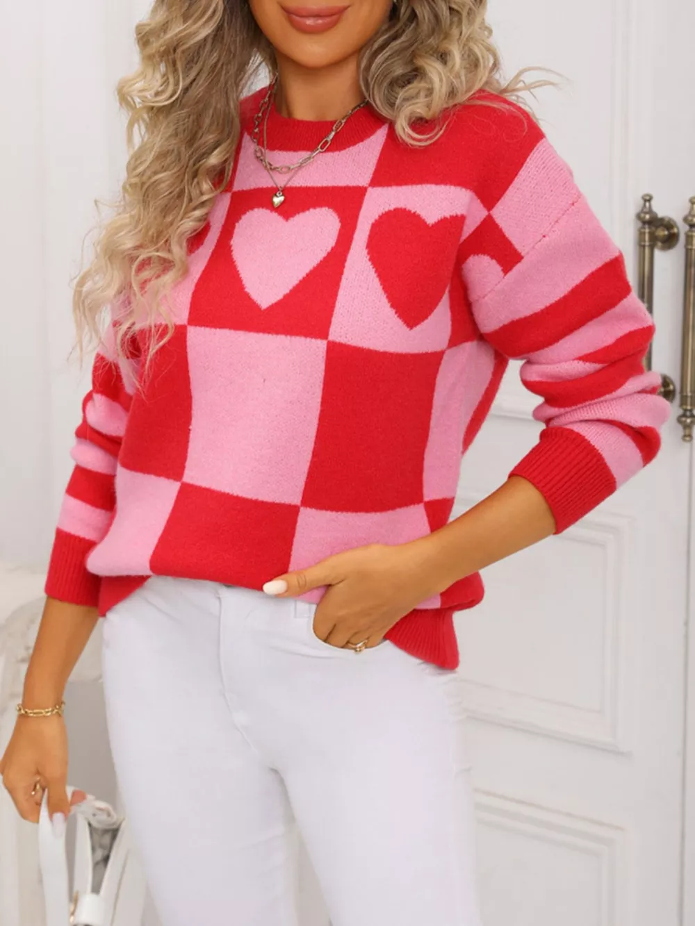Heart Pattern Checkerboard Knit Sweater, image 2