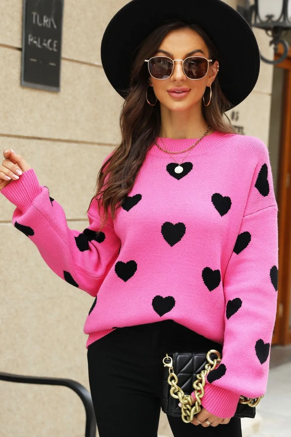 Heart Pattern Lantern Sleeve Round Neck Tunic Sweater, image 6