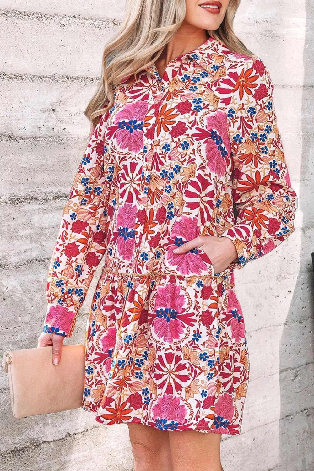 Fall Flower Print Long Sleeve Mini Dress, image 5