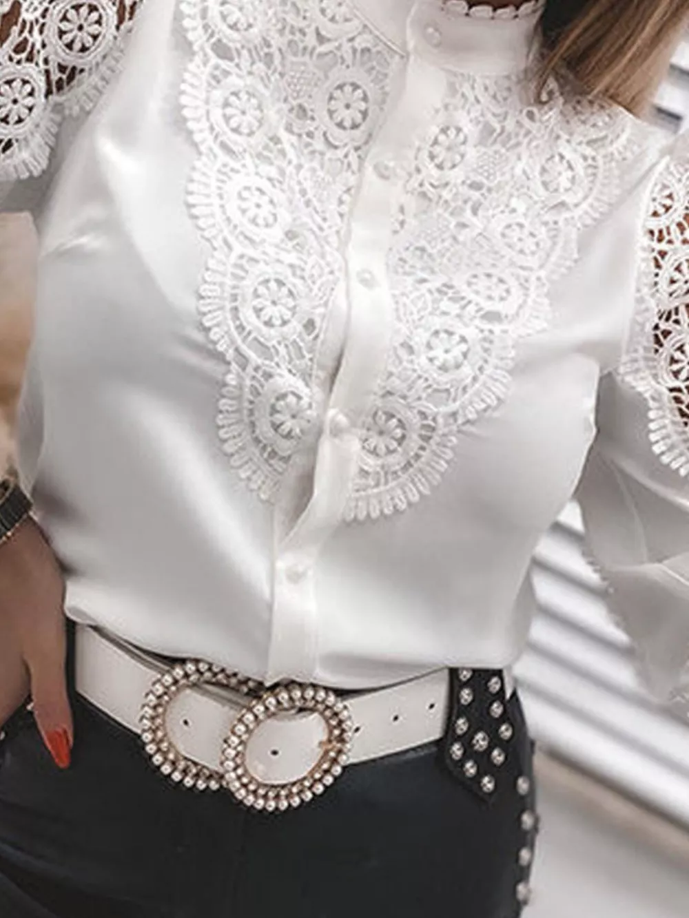 Elegant Lace Detail Long Sleeve Button Down Shirt, image 4