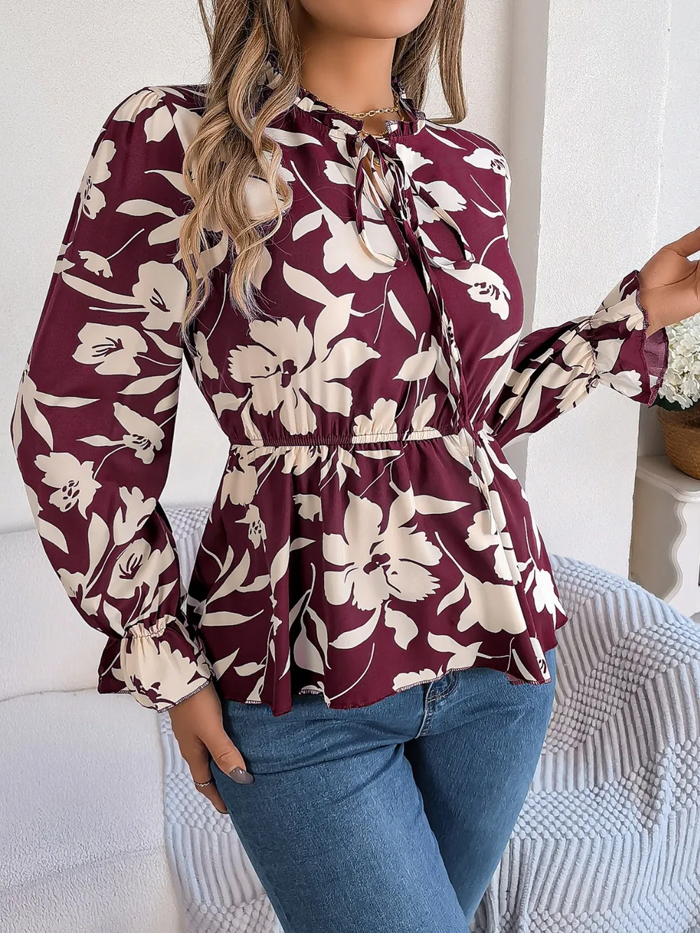 Printed Tie Neck Flounce Sleeve Blouse, image 17