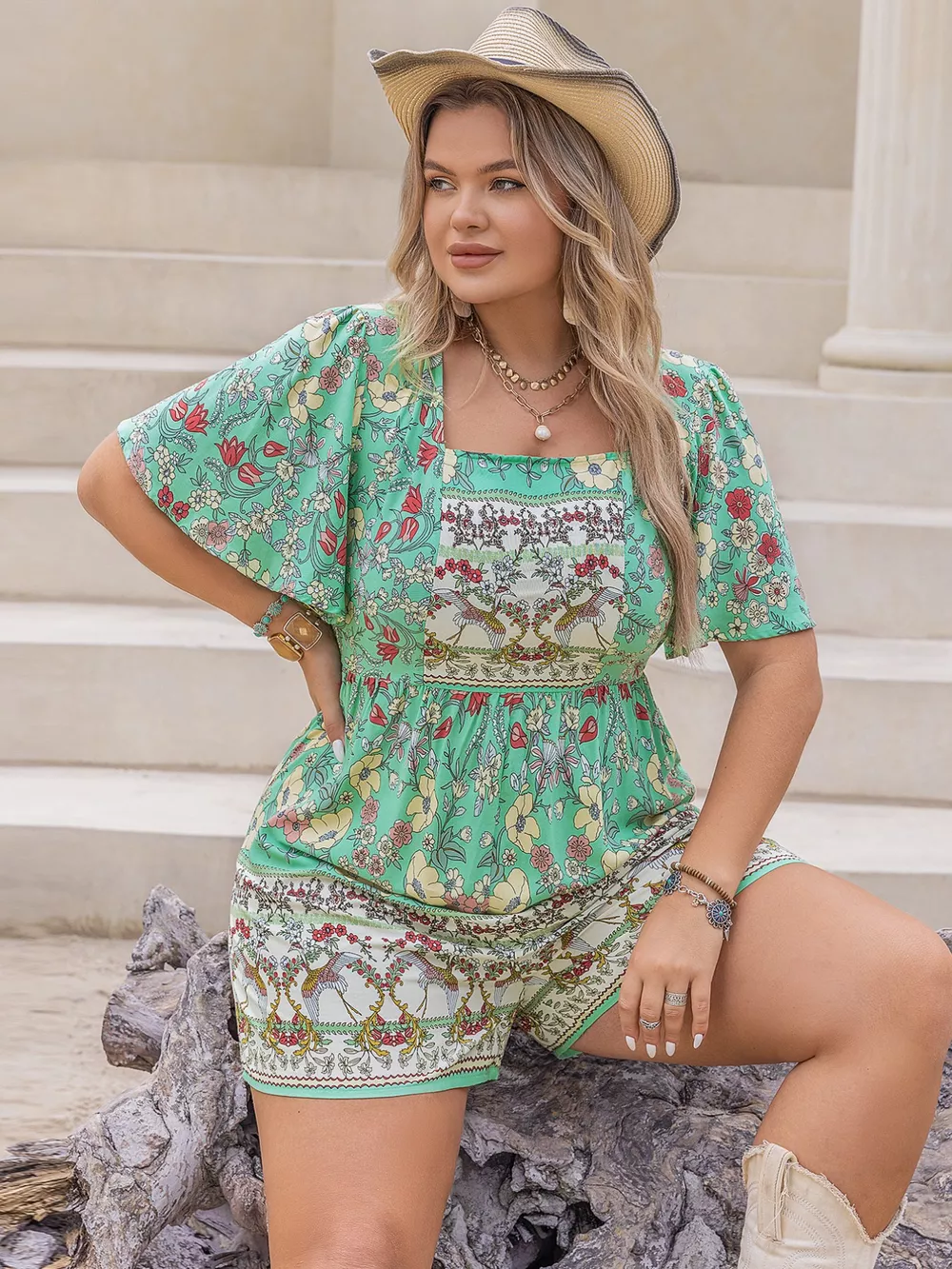 Plus Size Floral Print Square Neck Romper, image 5