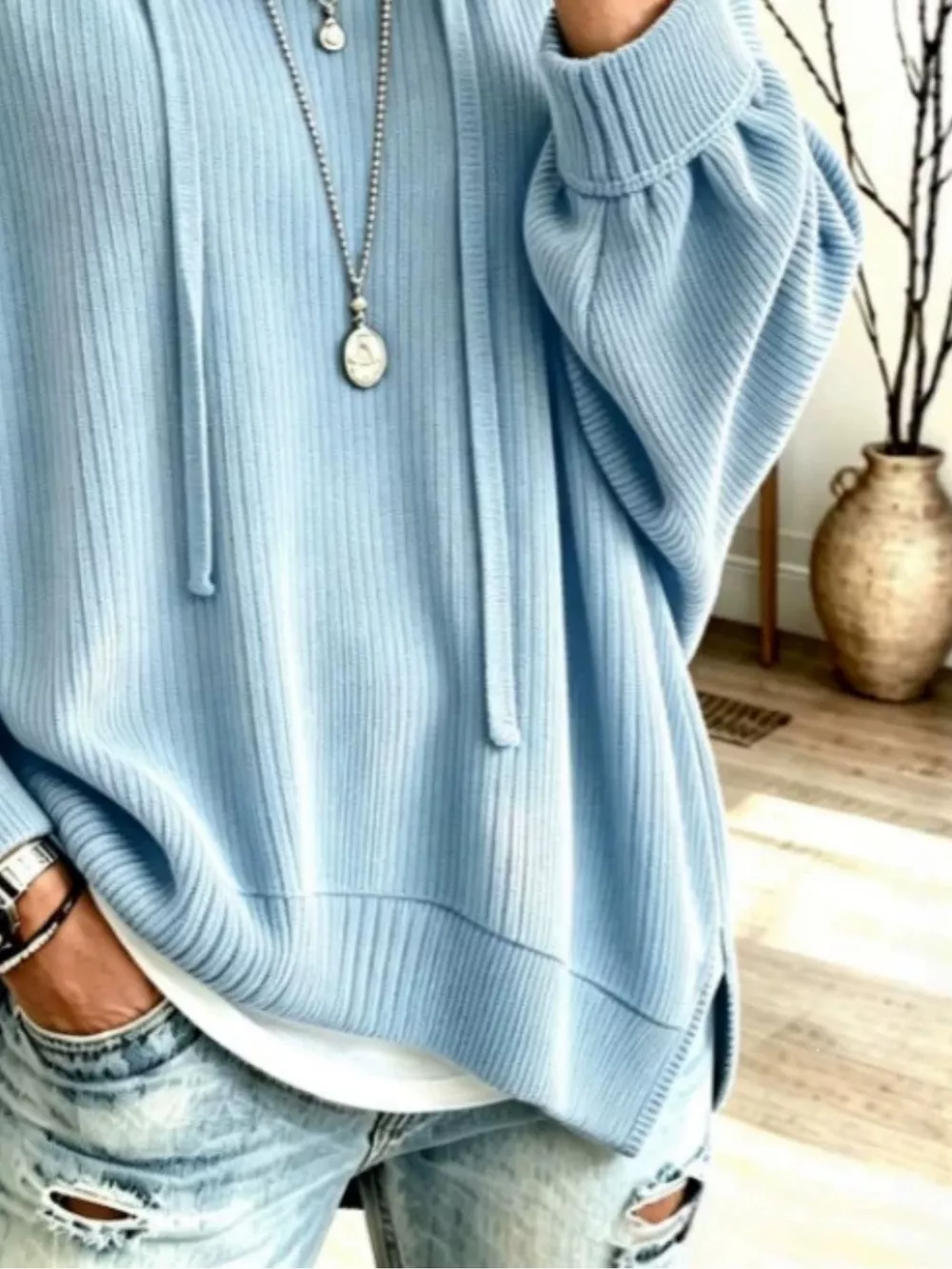 Drawstring Ribbed Knit Hoodie, image 5