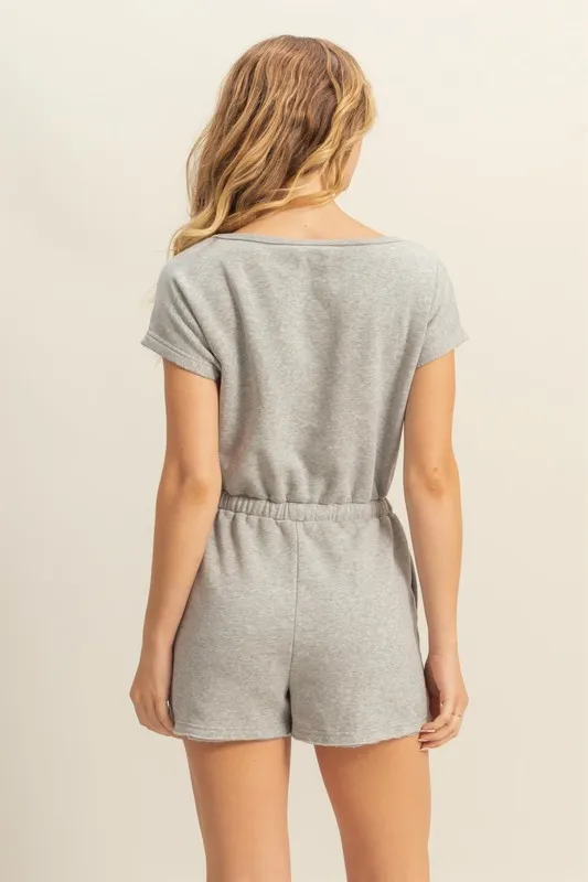 Round Neck Short Sleeve Drawstring Waist Romper, image 2