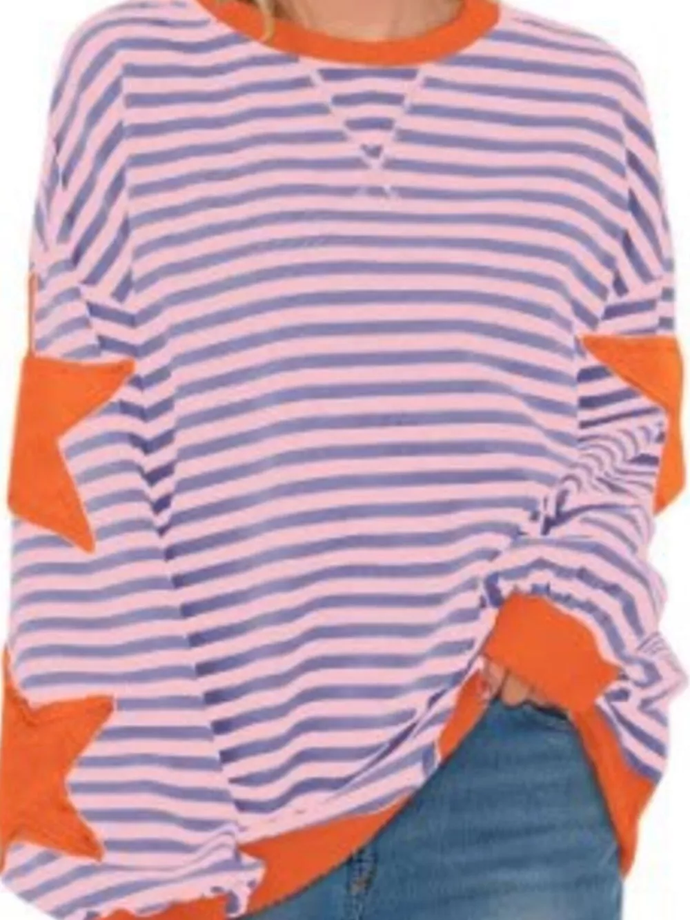 Full Size Star Patch Striped Oversized Sweatshirt Plus Size, image 13