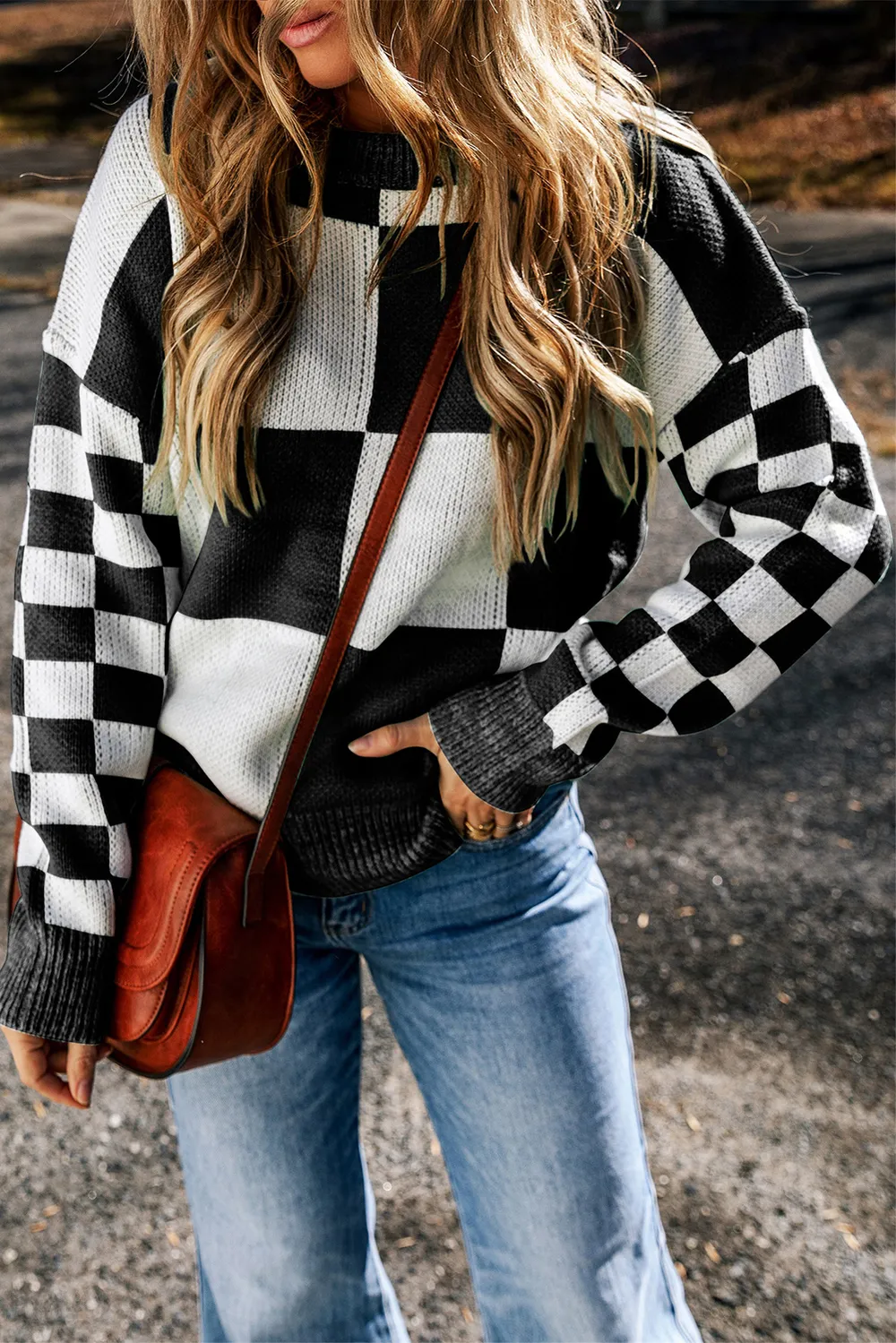 Checkered Round Neck Drop Shoulder Sweater, image 10