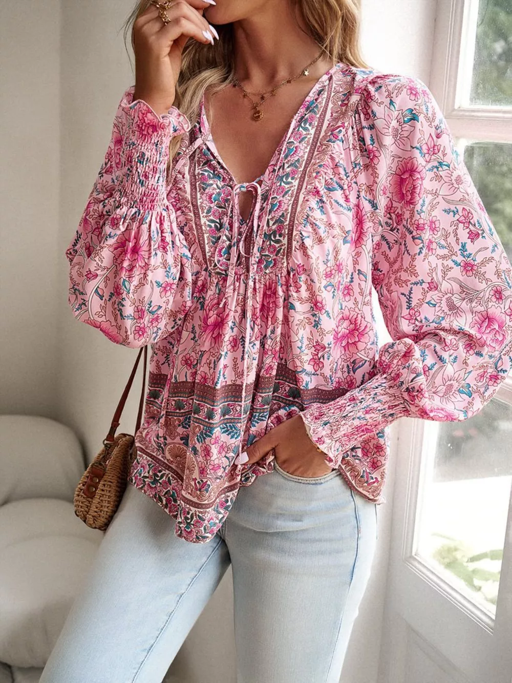Floral Print Tie Neck Bohemian Blouse, image 3