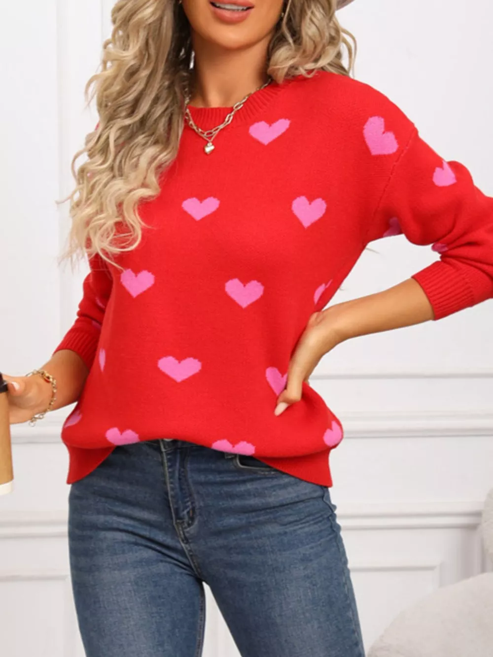 Valentine's Day Heart Pattern Dropped Shoulder Sweater, image 15