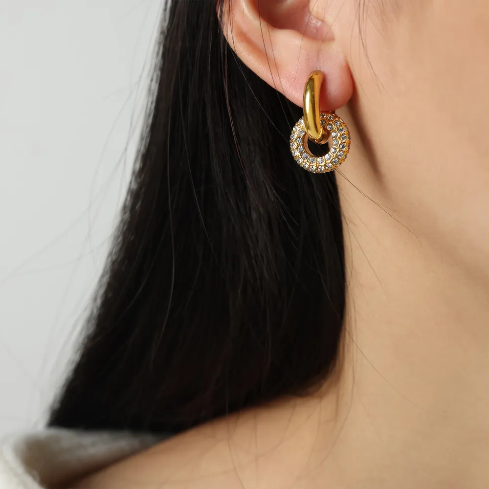 Titanium Steel Inlaid Zircon Double-Hoop Earrings, image 2