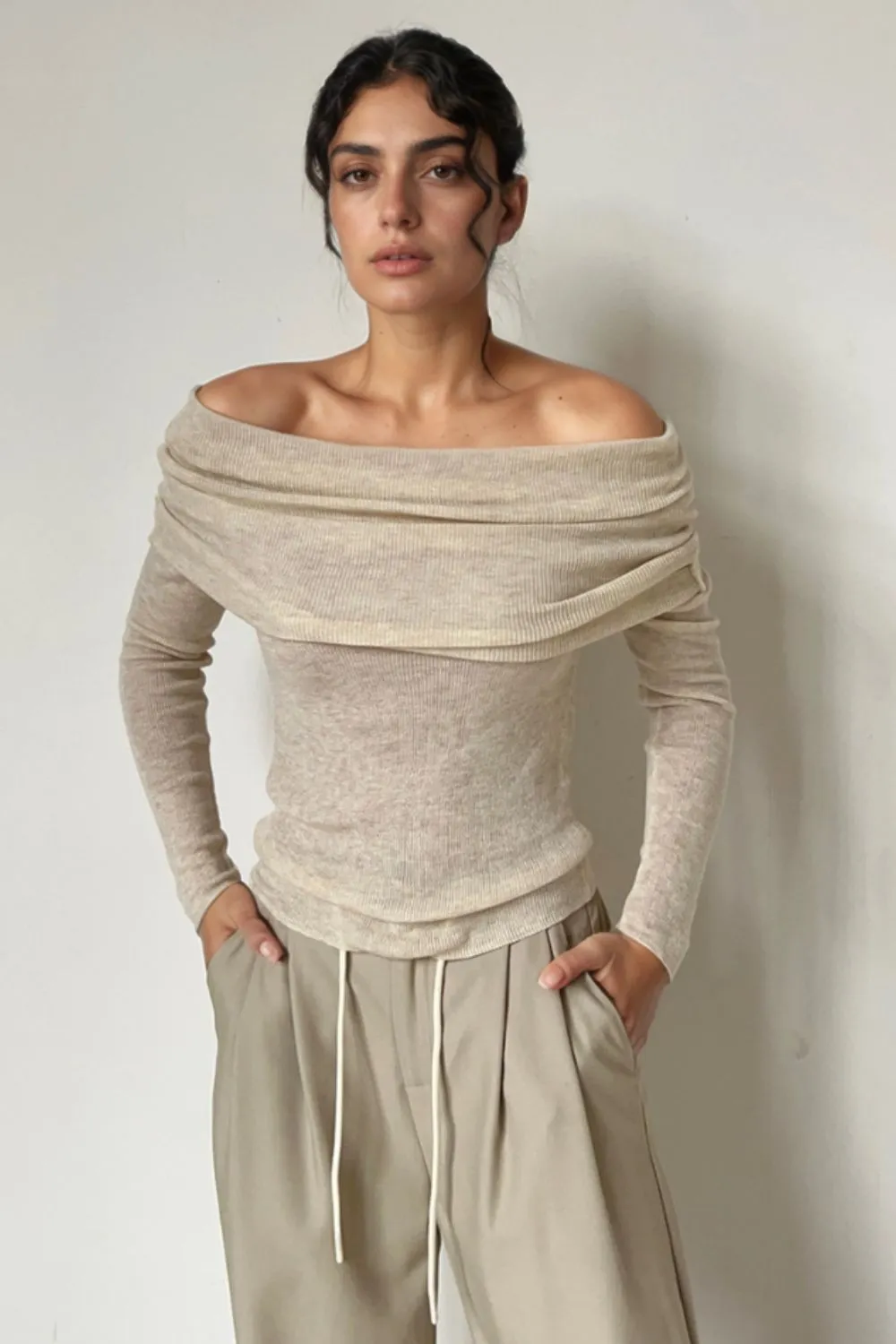 Off-Shoulder Long Sleeve Knit Top, image 11