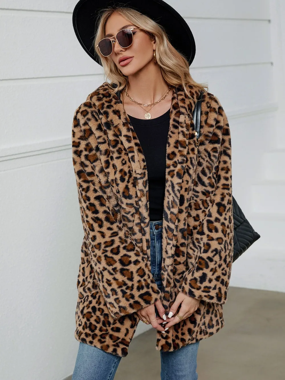 Fuzzy Leopard Hooded Long Sleeve Jacket, image 4