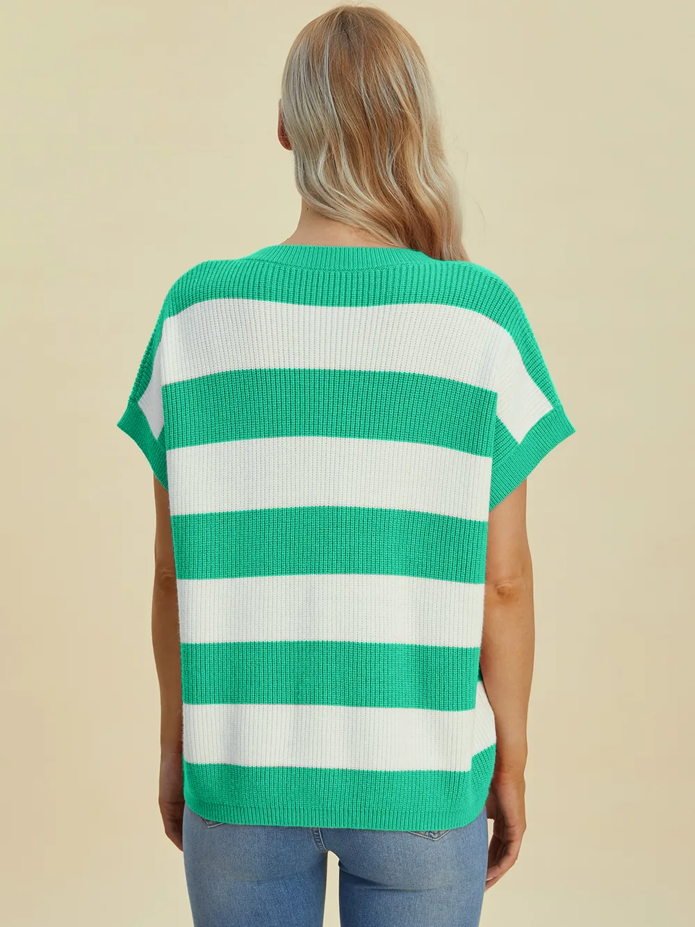 Full Size Striped V-Neck Short Sleeve Sweater, image 2
