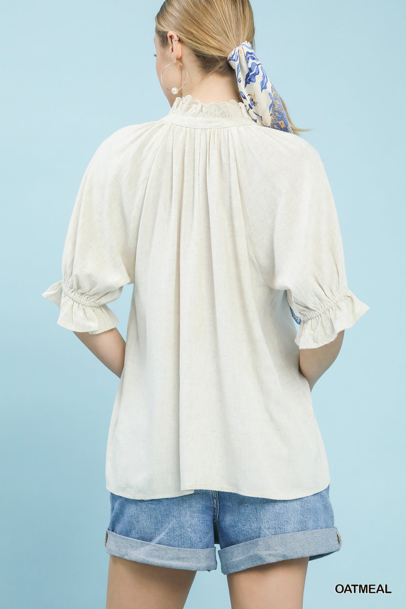 Linen Scalloped Ruffle Neck Blouse, image 2