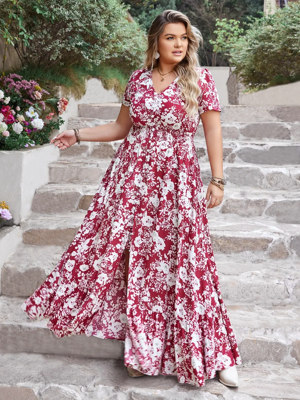 Plus Size Slit Printed V-Neck Maxi Dress, image 2