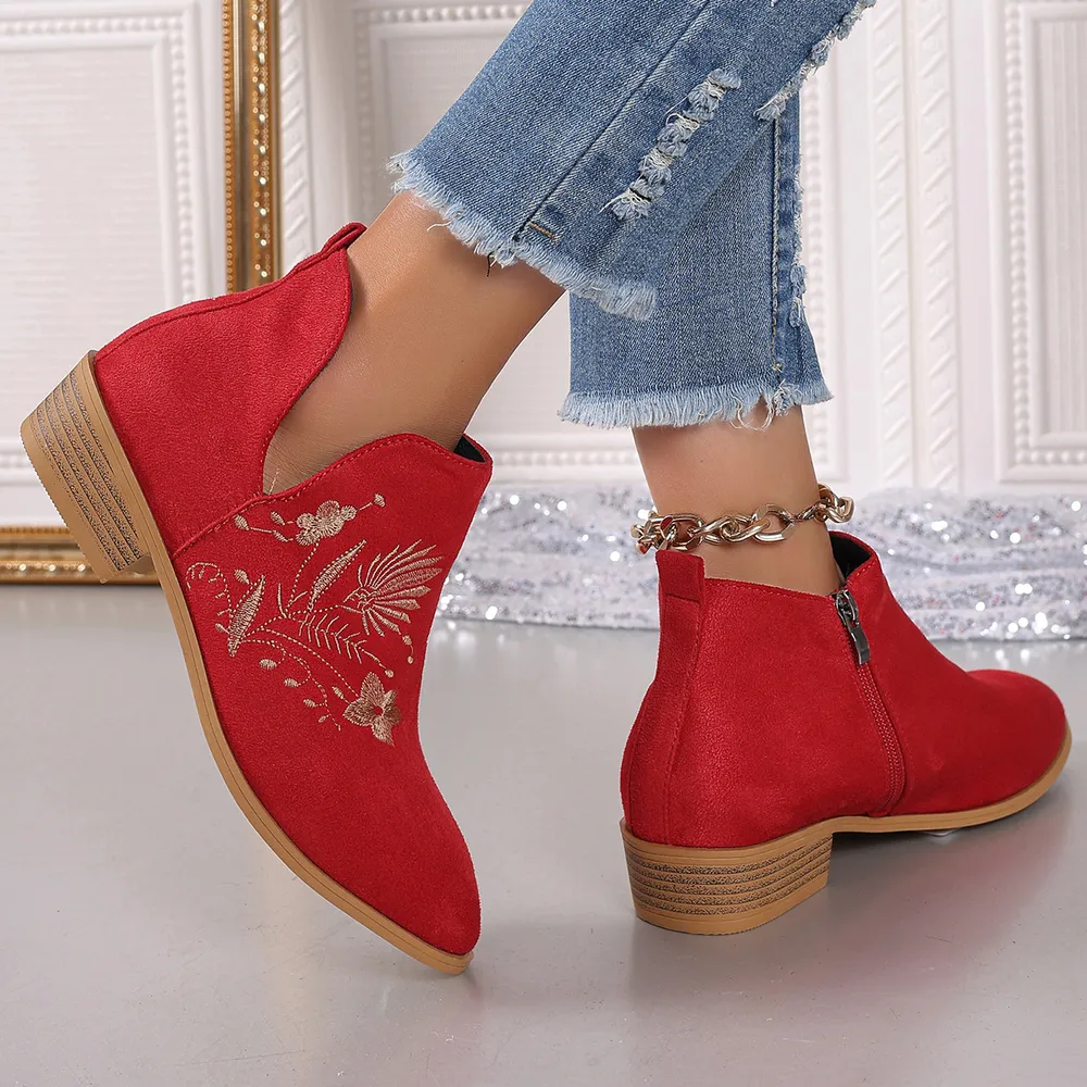 Embroidered Suede Point Toe Block Heel Boots, image 7