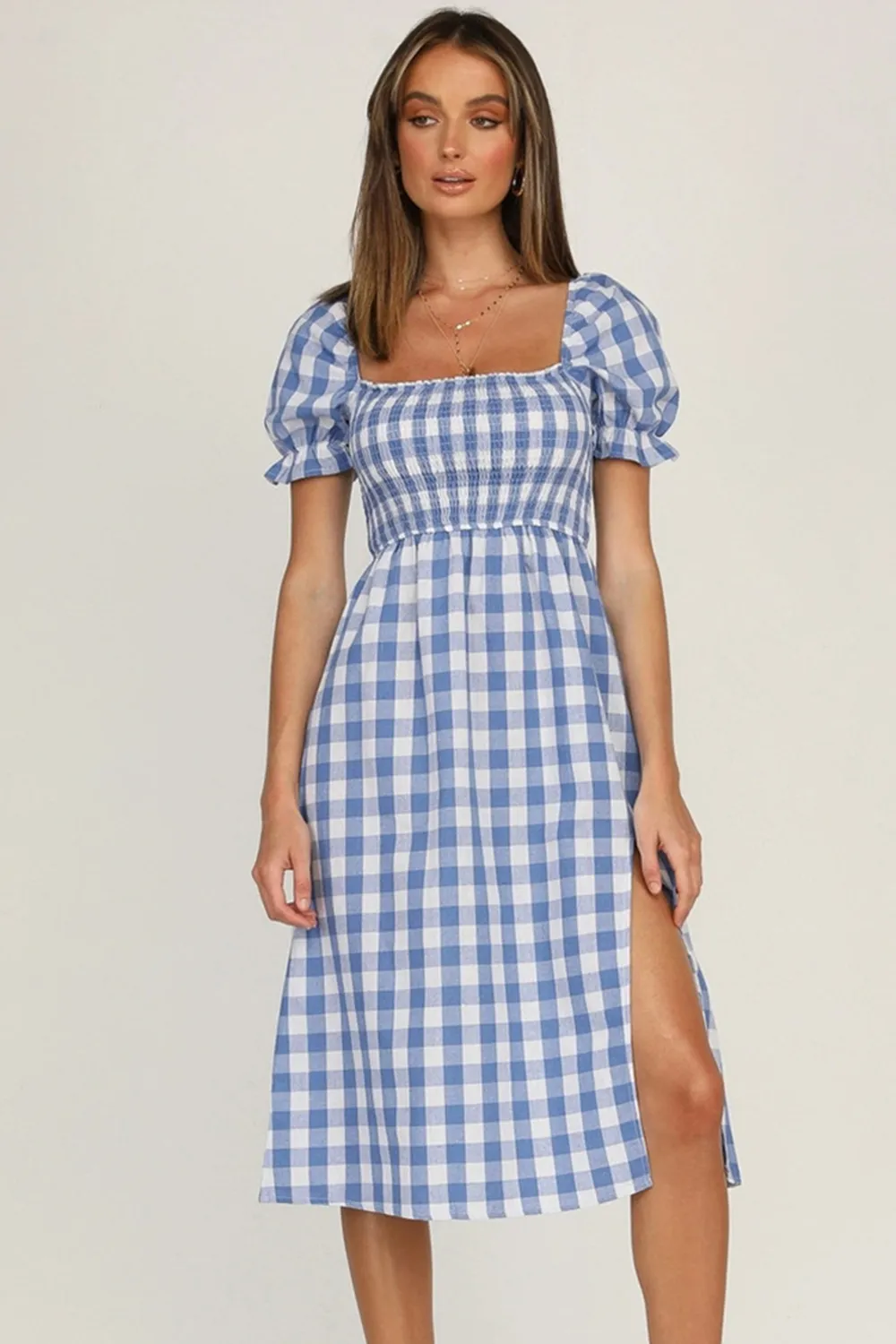 Full Size Slit Plaid Short Sleeve Midi Dress, image 10
