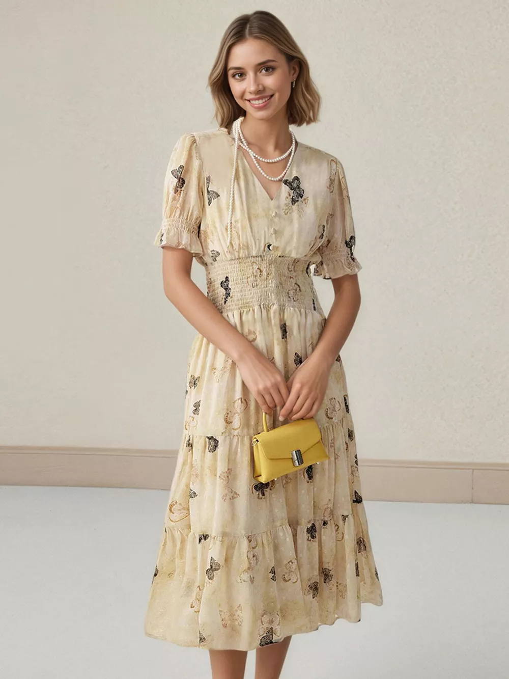 Butterfly Print Smocked Waist Tiered Midi Dress