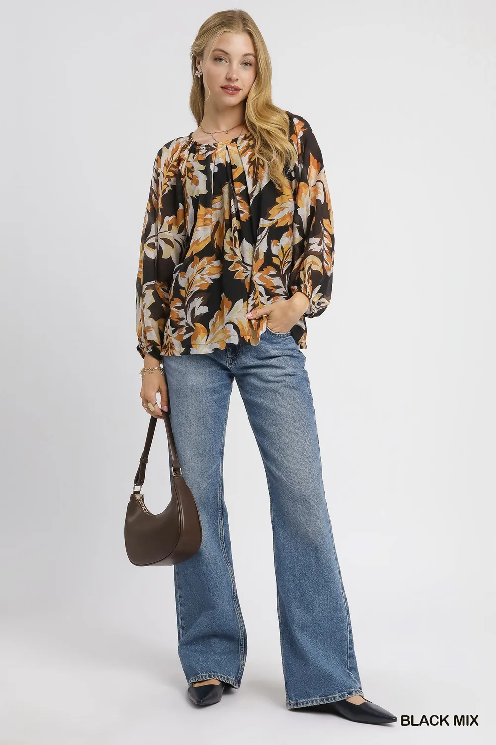Autumn Leaf Print Balloon Sleeve Blouse, image 2