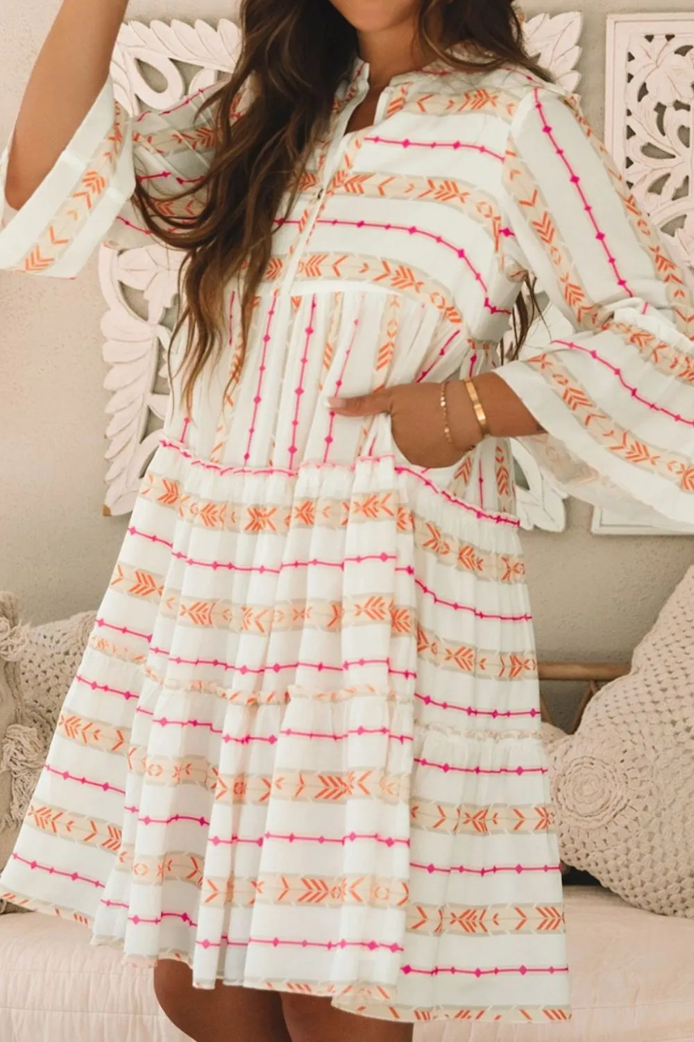 Printed Ruffled Notched Loose Dress, image 2