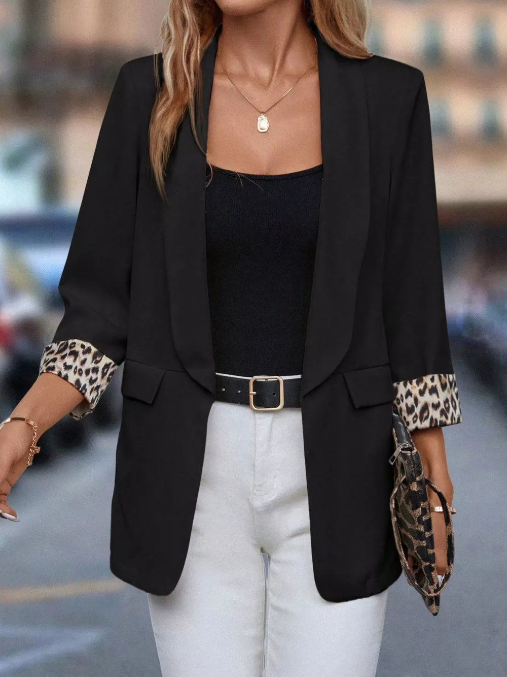 Leopard Lapel Collar Open Front Blazer, image 2
