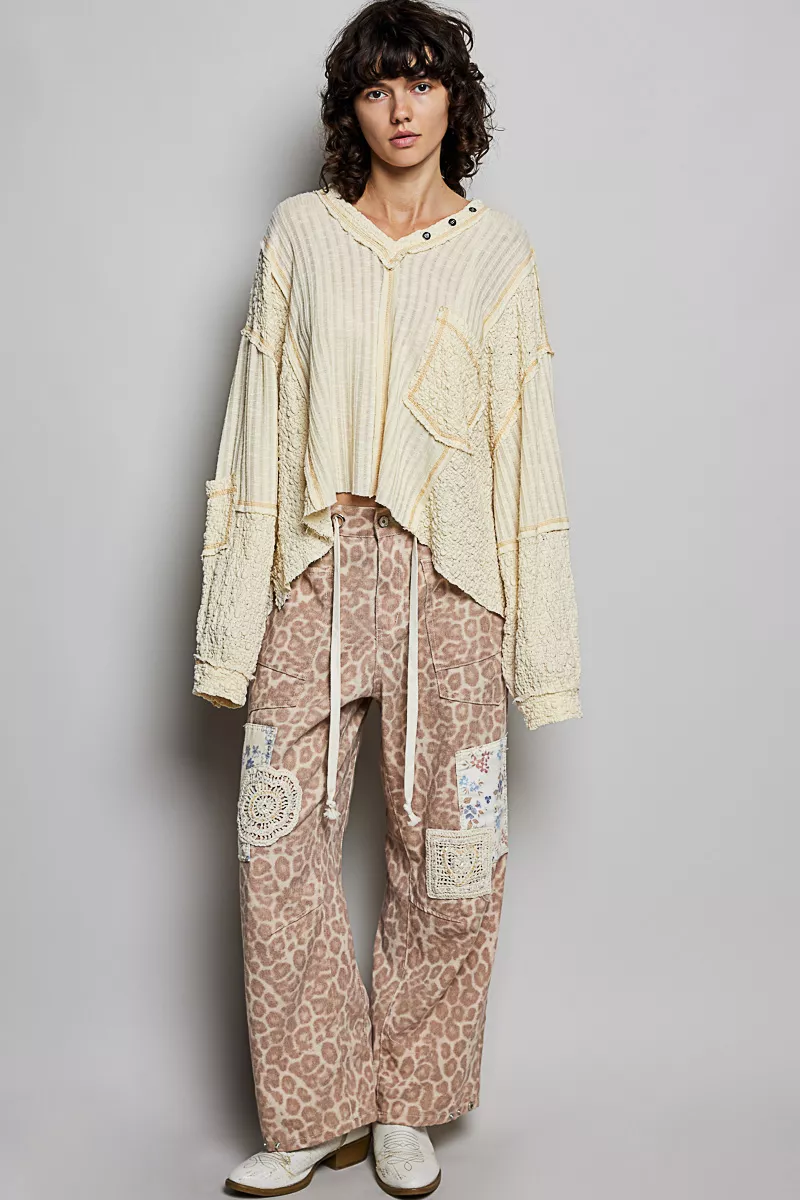 V-Neck Long Sleeve Top with Stitch Detail, image 2