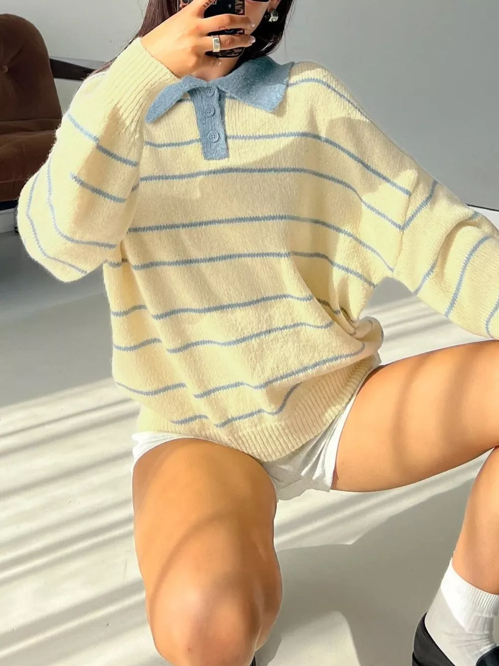 Striped Polo Collar Long Sleeve Sweater, image 4