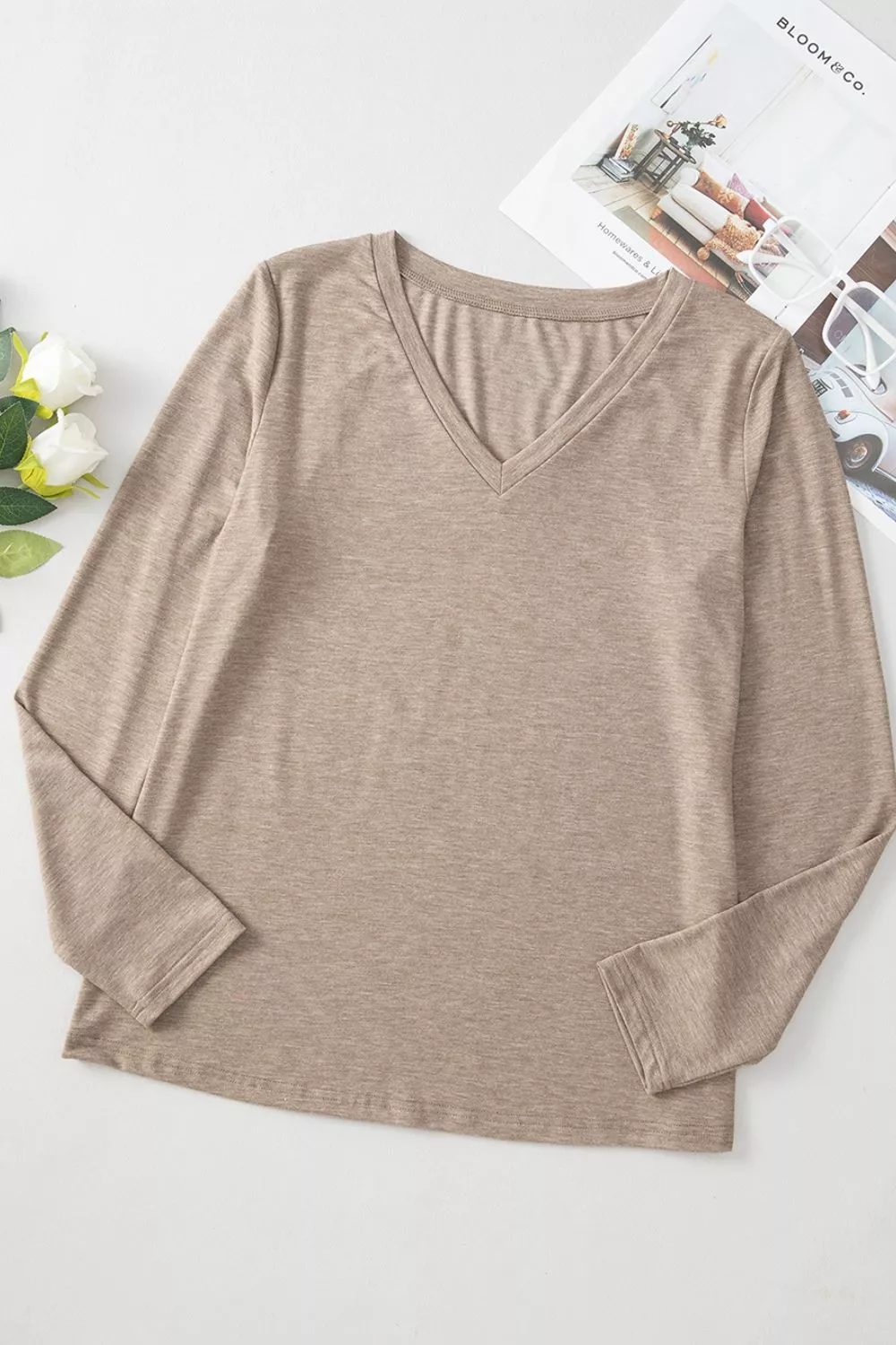 Solid Color V Neck Long Sleeve Stretchy Top, image 7