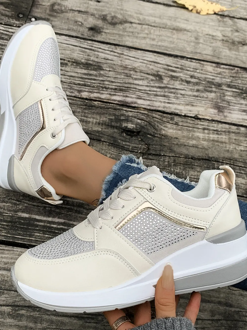 Lace-Up Rhinestone Wedge Sneakers, image 6