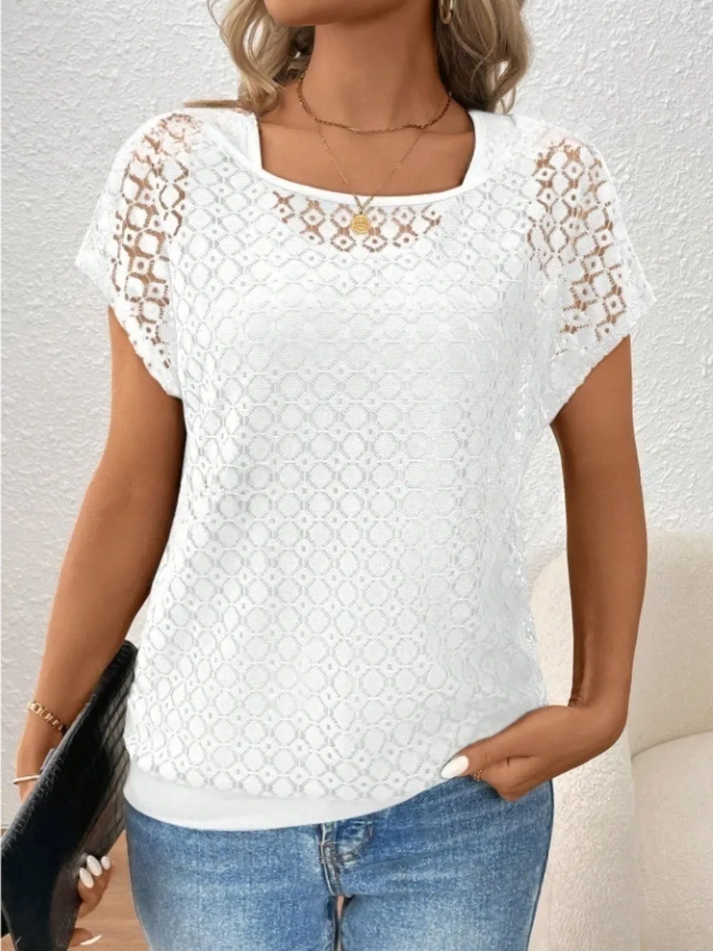 Lace Short Sleeve Fake Two Piece T-Shirt, image 9