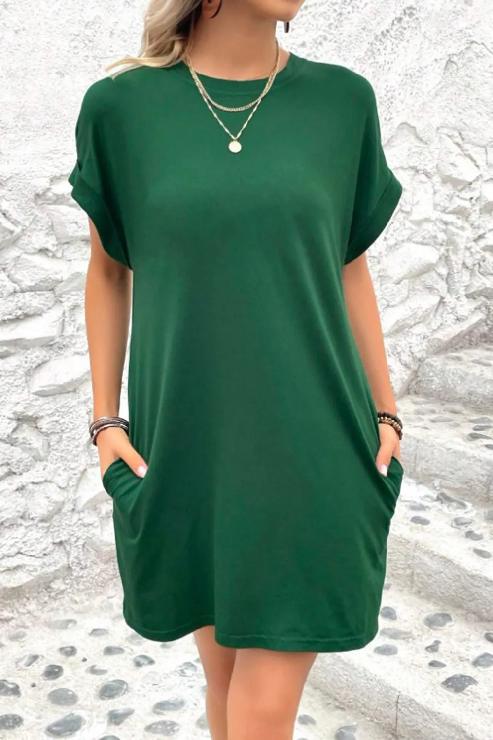 Pocketed Round Neck Short Sleeve Dress, image 2