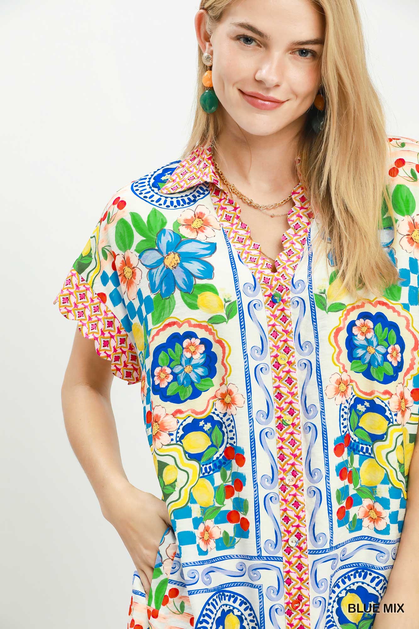 Mediterranean Print Dress with Contrast Printed Trim, image 5