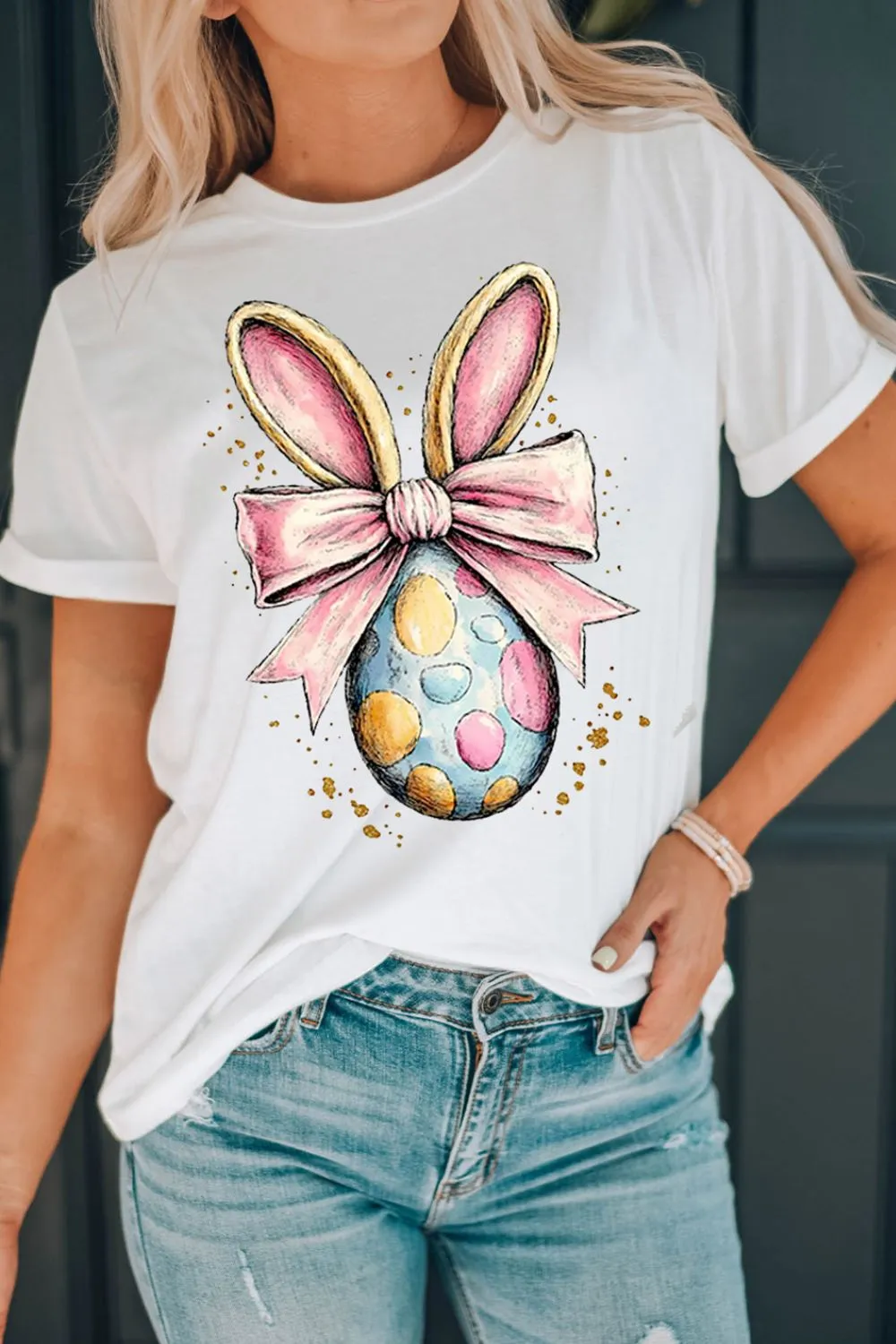Easter Egg Bow Bunny Ear Graphic T-Shirt, image 2