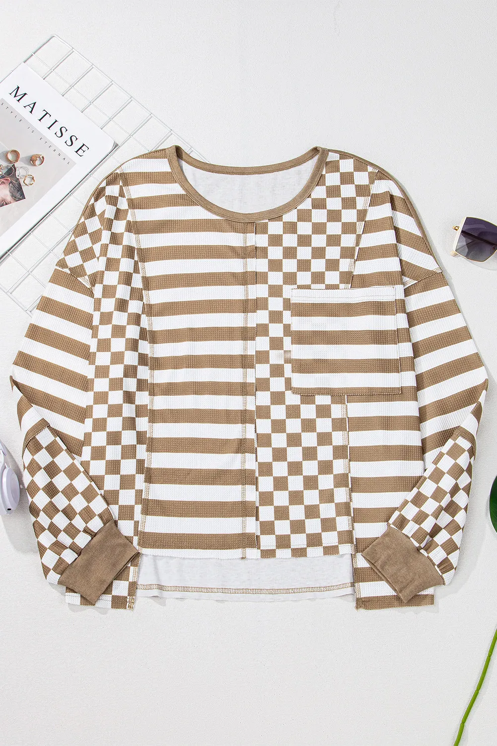 Checker & Stripes Round Neck Long Sleeve Blouse, image 2