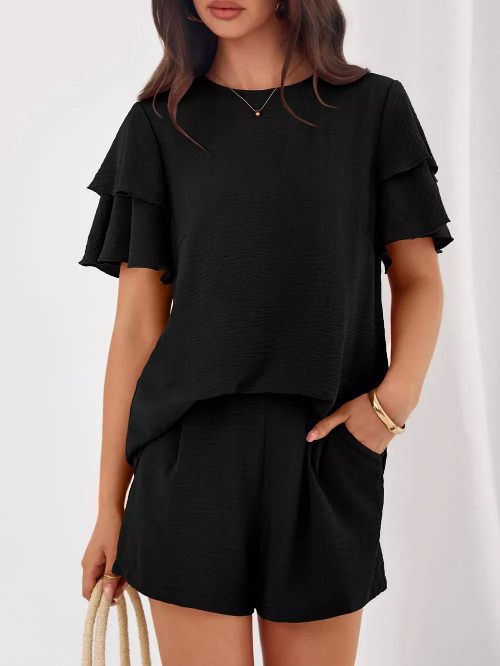 Ruffle Sleeve Top and Shorts Two-Piece Set