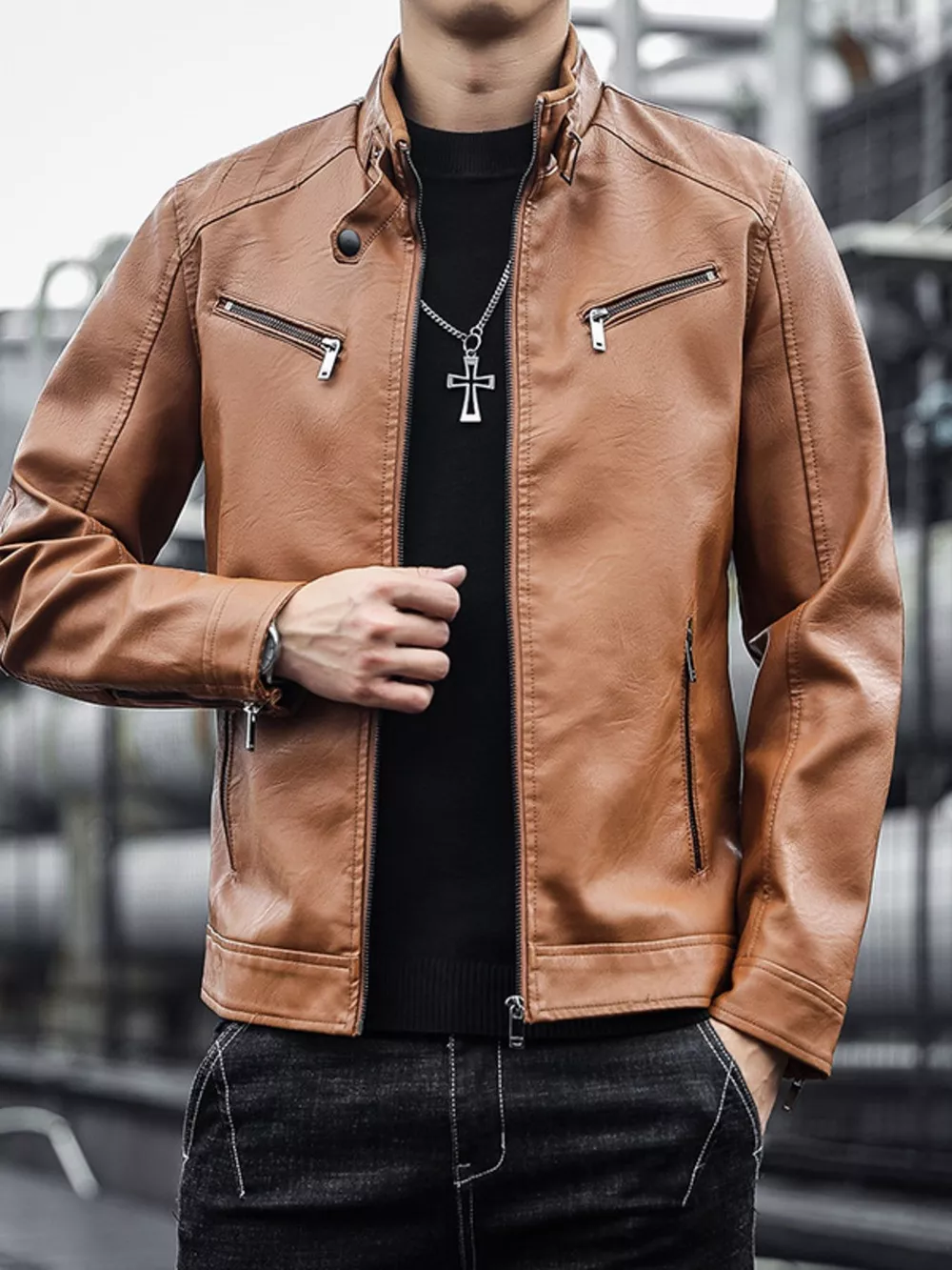 Men's Plus Size Zip Up Leather Jacket, image 7
