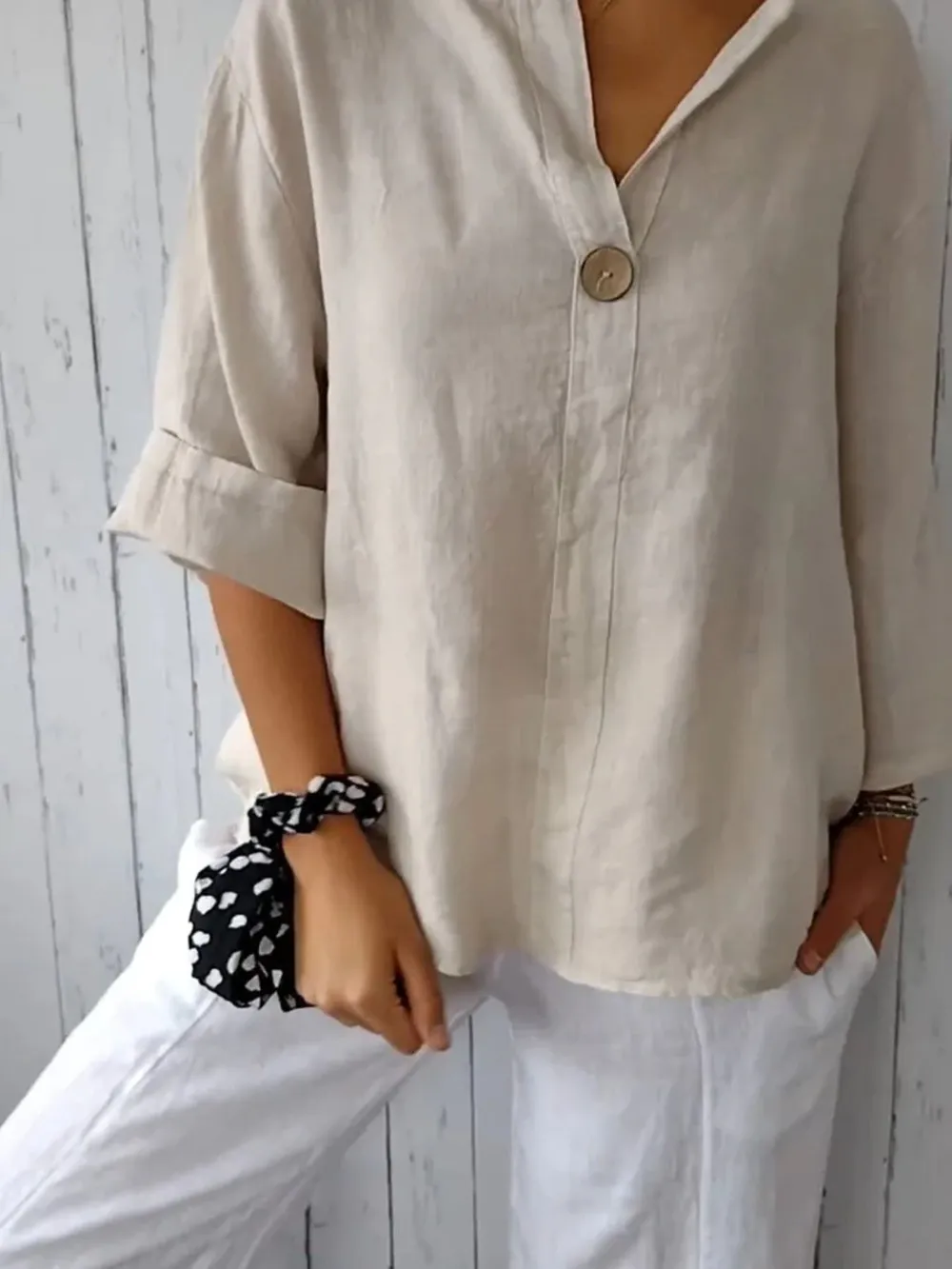Full Size Linen Blend Notched Blouse Plus Size, image 3