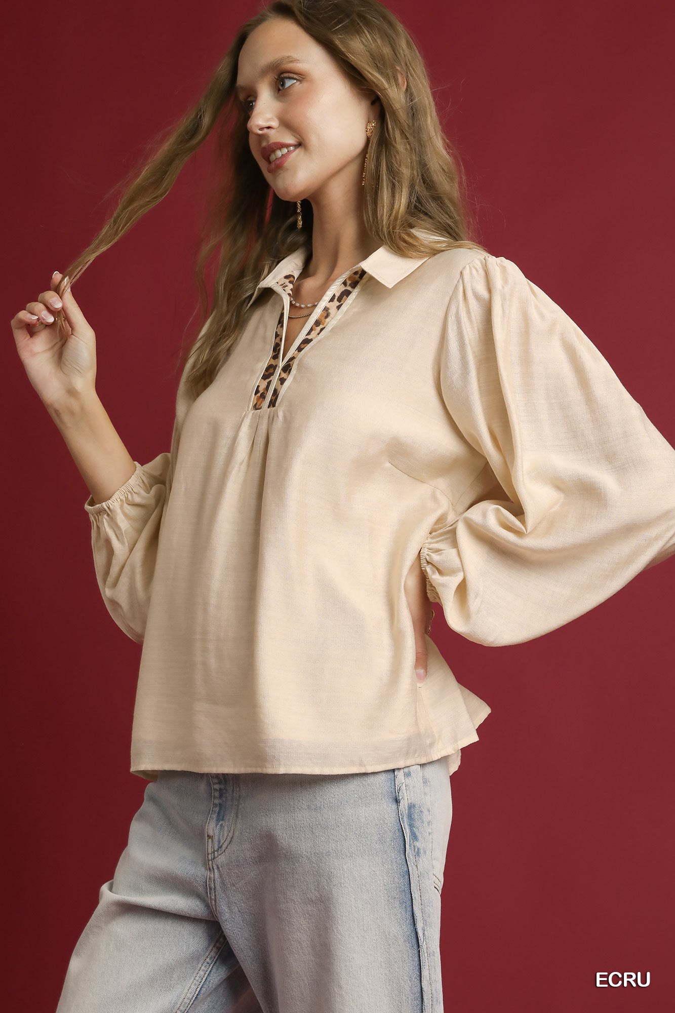 Long Sleeve Blouse with Leopard Print Trim, image 2