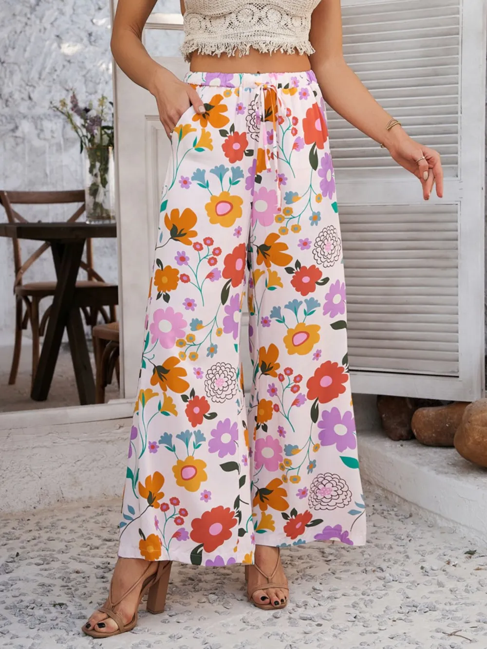 Drawstring Printed Wide Leg Pants, image 6