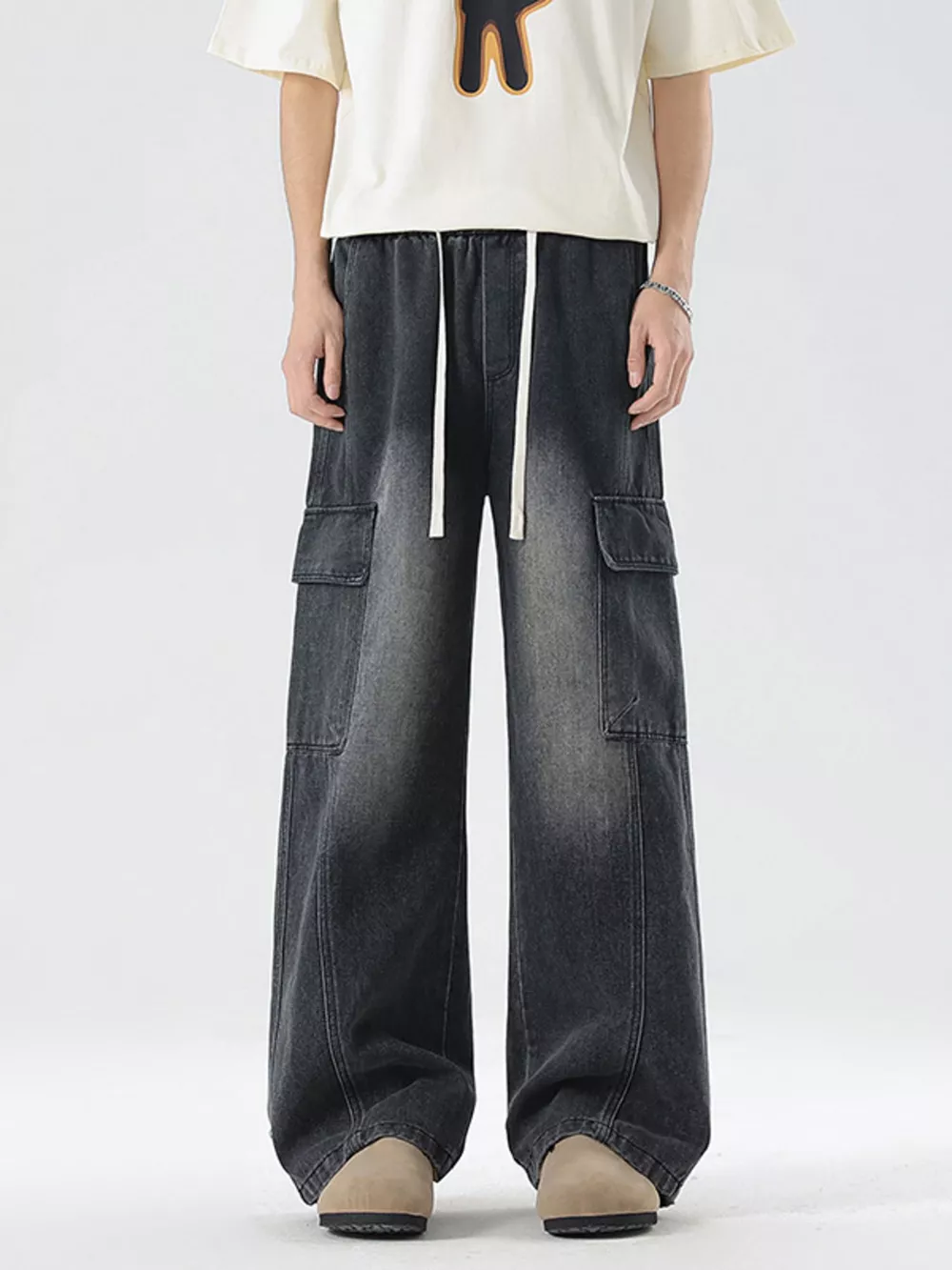Men's Plus Size Wash Wide Leg Cargo Jeans, image 3