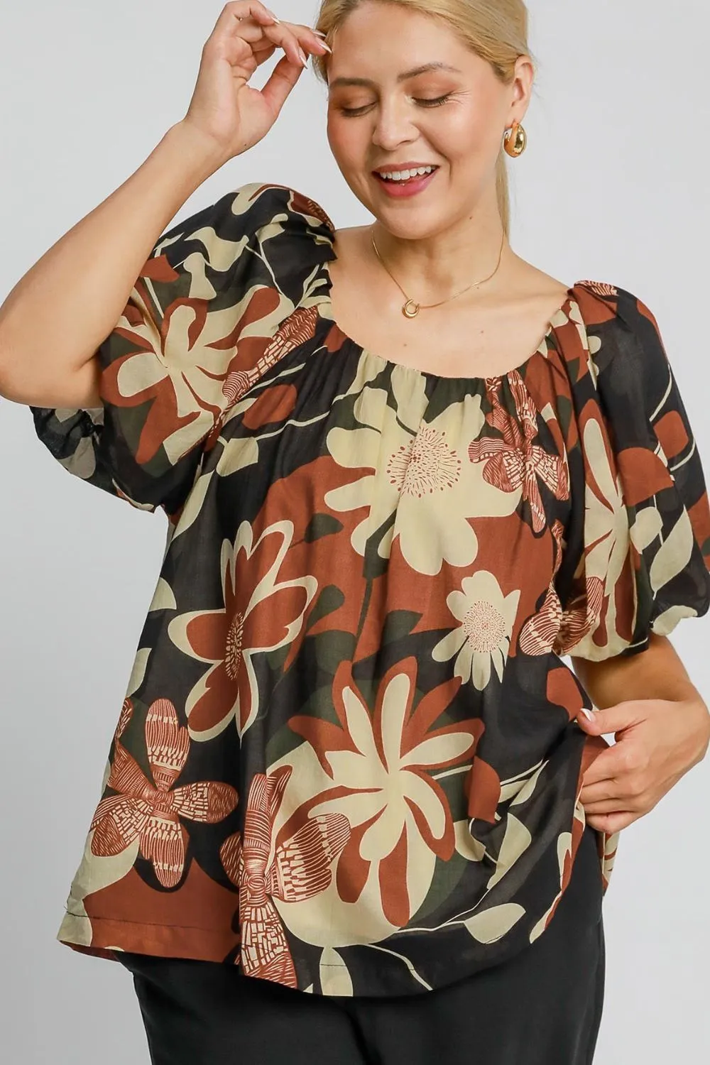Full Size Print Round Neck Puff Sleeve Top Plus Size, image 2