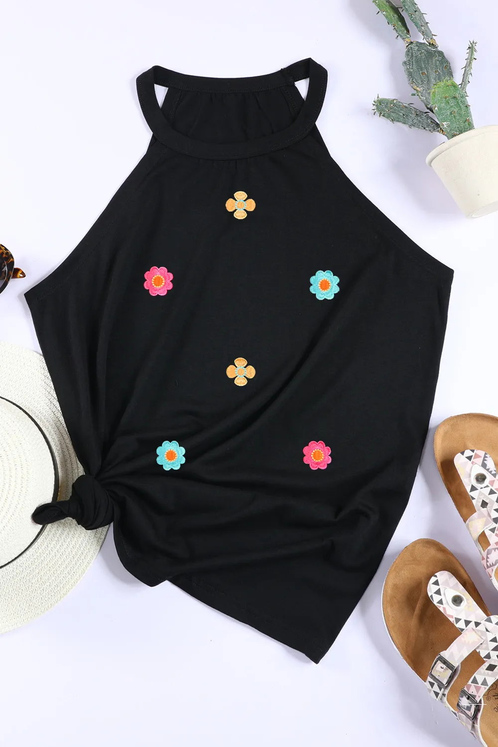 Embroidered Flower Grecian Neck Tank, image 4