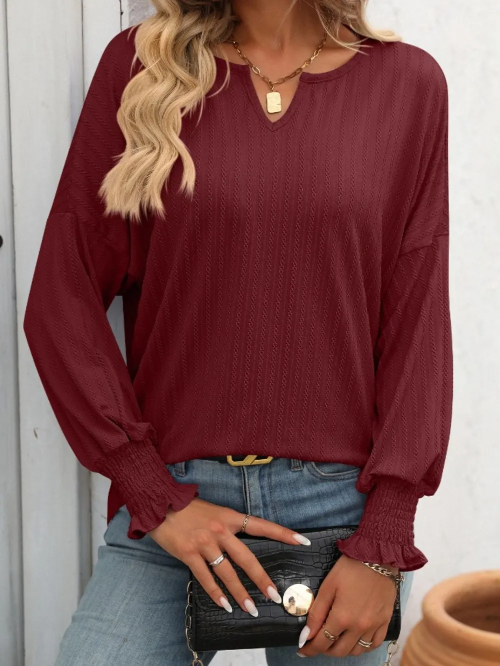 Textured Notched Lantern Sleeve T-Shirt, image 5