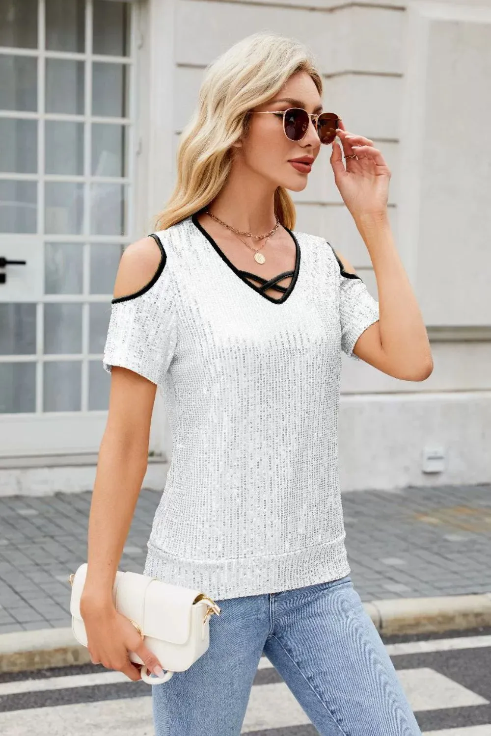 Sequin Crisscross V-Neck Cold Shoulder Blouse, image 8