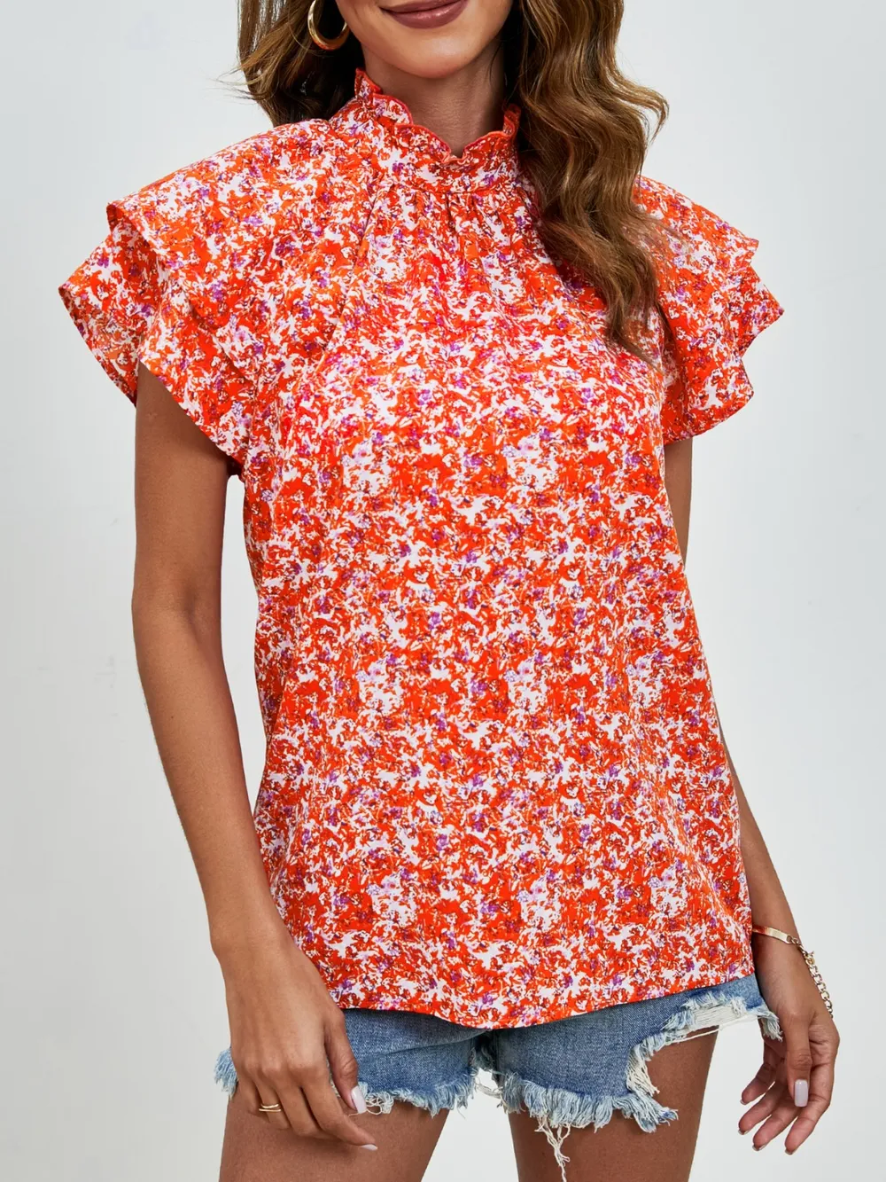Ditsy Floral Mock Neck Flounce Sleeve Blouse, image 9