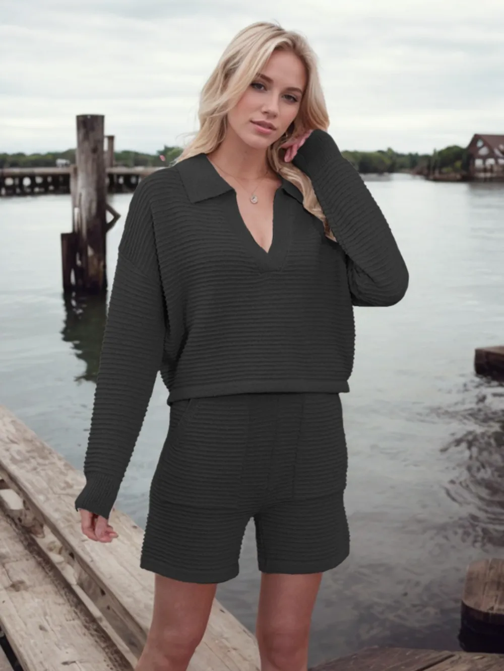 Johnny Collar Long Sleeve Top and Shorts Sweater Set, image 13