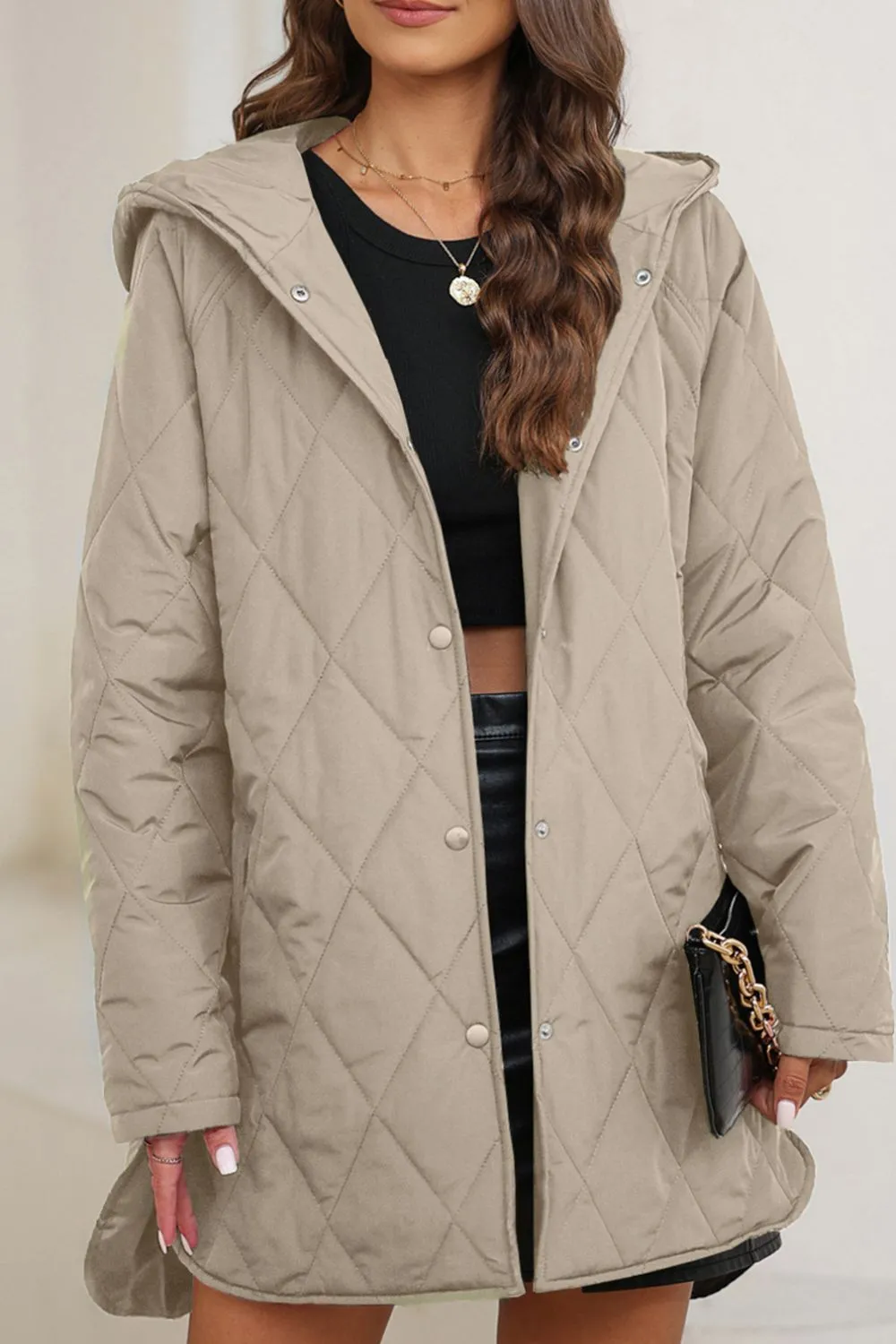 Snap Down Long Sleeve Quilted Winter Coat, image 16