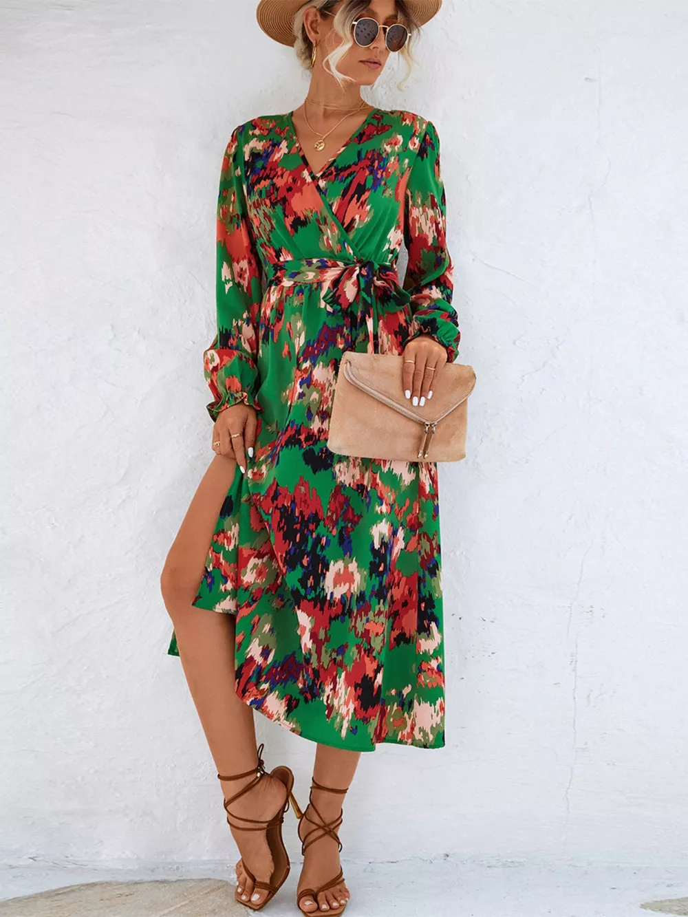 Printed Surplice Long Sleeve Midi Dress