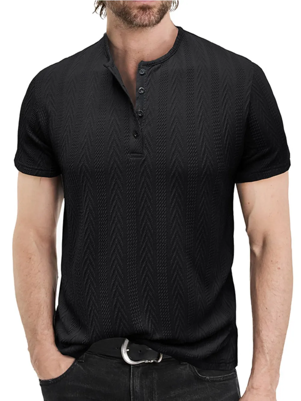 Men's Textured Chevron Pattern Henley Polo Shirt, image 3
