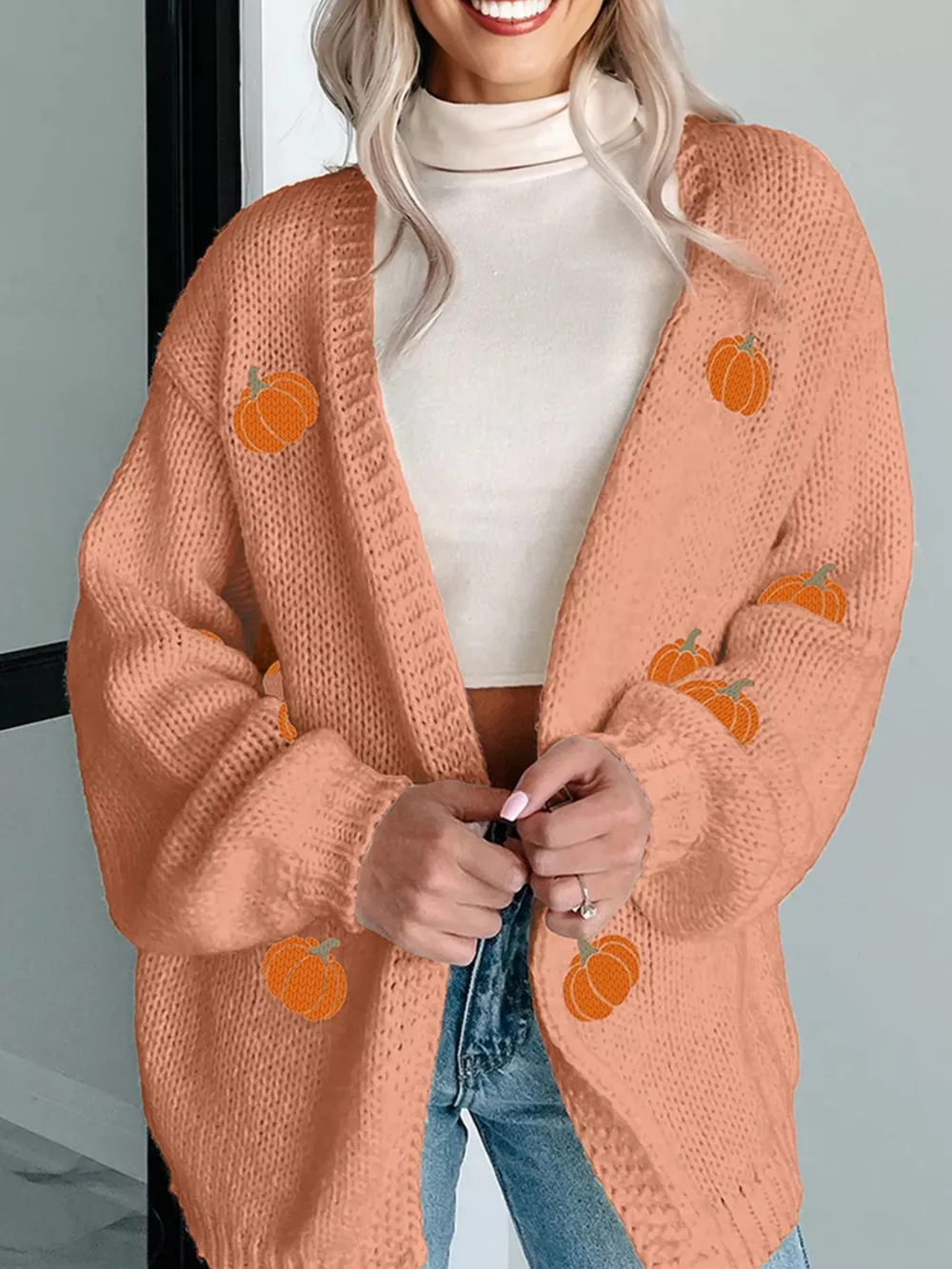 Pumpkin Tree Print Open Front Drop Shoulder Midi Cardigan, image 2